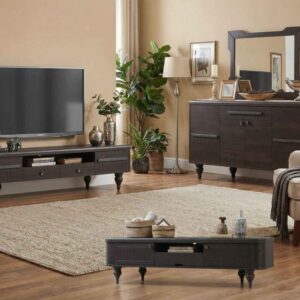 ست میز تلویزیون و آینه کنسول نئوکلاسیک خاکستری تیره شیاردار