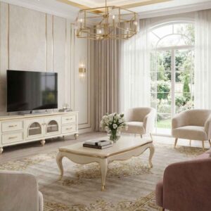 ست میز تلویزیون و جلومبلی هلنا کرم (ست نئوکلاسیک لاکچری سفید طلایی)