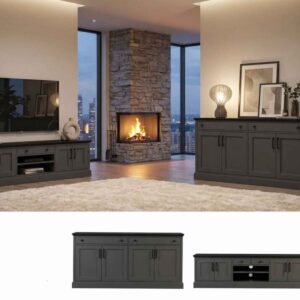 ست میز تلویزیون و آینه کنسول چارکول گری (ست میز تی‌وی ترنزیشنال خاکستری مشکی)