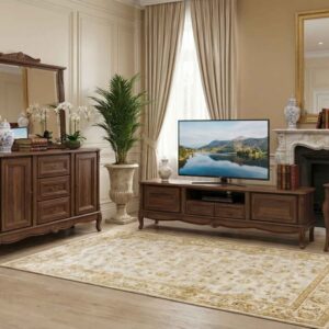 ست میز تلویزیون و آینه کنسول و جلومبلی باروک قهوه‌ای