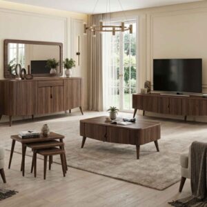 ست میز تلویزیون و آینه کنسول و جلومبلی میدسنتری گردویی منحنی