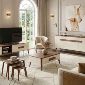 ست میز تلویزیون و آینه کنسول و جلومبلی لاکچری کرم