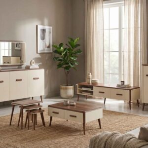 ست میز تلویزیون و آینه کنسول و جلومبلی میدسنتری گردویی